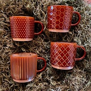 Set of 4 Brown Handcrafted Glazed Stoneware Coffee Mugs